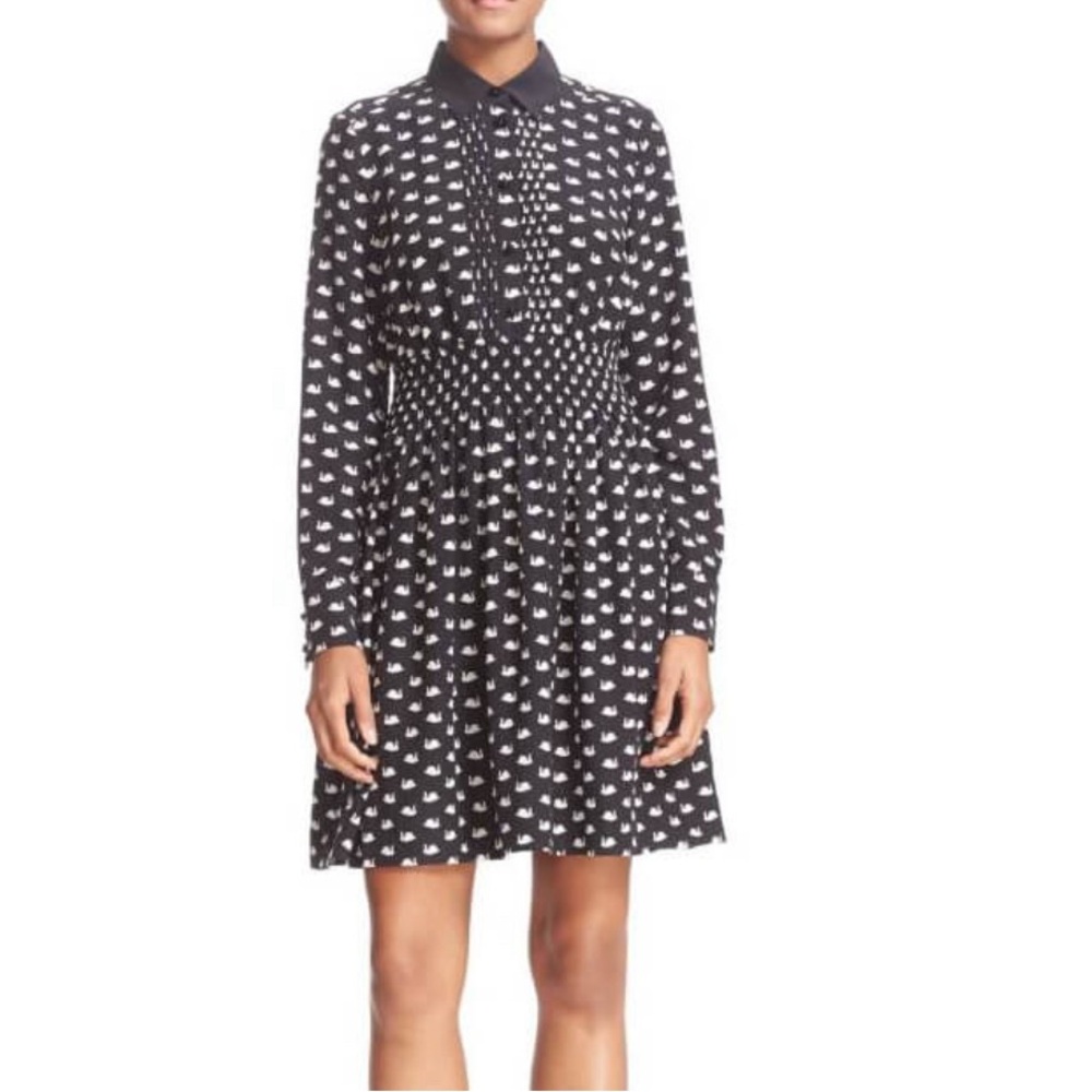 Kate Spade New York Swan Print Silk Blend Shirtdress -XXS